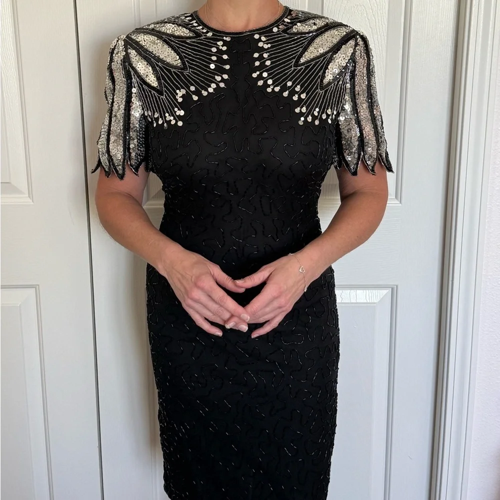 Vintage Laurence Kazar Sequin Black and Silver Silk Cocktail Dress Size S - Picture 7 of 9